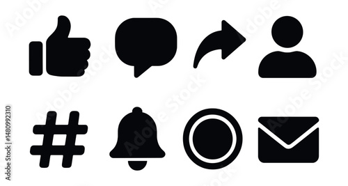 Solid style icons of social media tools: like button, comment bubble, share arrow, profile avatar, hashtag, notification bell, story icon, DM inbox.