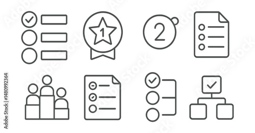 Line style icons of voting on multiple candidates: ranked options icon, first preference badge, second choice tag, final list file, tiered vote board, election ballot chart, choice ranking bubble,
