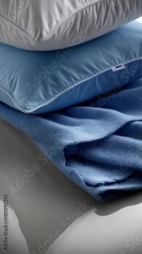 Stacked bed pillows and soft blue blanket create a feeling of comfort and relaxation for sleep hygiene, healthcare, or textile concepts.