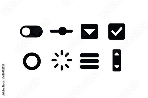 Solid style icons of user interface: toggle switch, slider bar, dropdown menu, checkbox, radio button, loading spinner, hamburger menu, scroll bar.