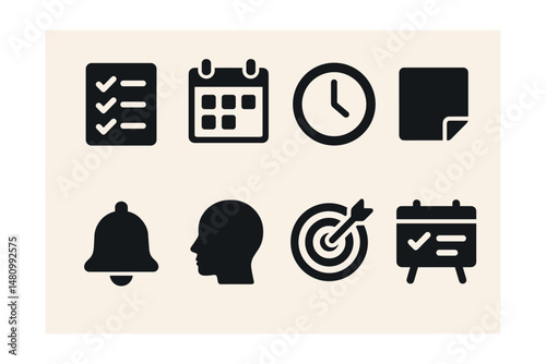 Solid style icons of productivity tools: task list, calendar, clock, sticky note, reminder bell, focus mode, goal target, schedule board.