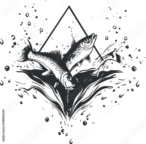 Black and white artistic illustration of two fish jumping out of water with splash and triangle design