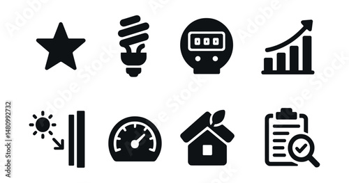 Solid style icons of energy efficiency: energy star, eco light bulb, smart meter, usage chart, insulation icon, thermostat gauge, green roof, energy audit.