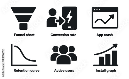 Solid style icons of app analytics: funnel chart, conversion rate, app crash, bounce rate, retention curve, active users, load speed, install graph.