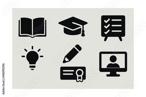 Solid style icons of education tools: open book, graduation cap, blackboard, test sheet, lightbulb idea, pencil, certificate, online course.