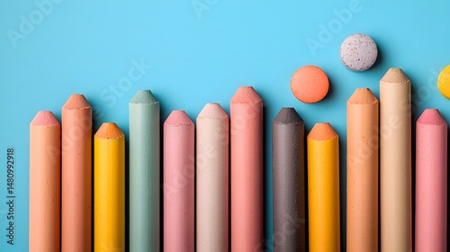 Colorful Crayon Wax Arranged in Stripes on Blue Background