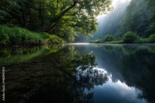 A calm river with a tree in the background