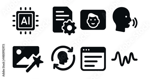 Solid style icons of AI-generated content: content AI chip, auto script, video face, voice model, synthetic media, training loop, text prompt, generation wave.