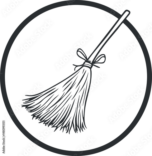 Black and white illustration of a broom used for sweeping floors and cleaning tasks in households or janitorial work