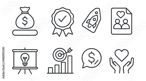 Line style icons of campaign success: fully funded icon, completed goal badge, successful launch tag, donor celebration file, funded project board, target met chart, fund completed bubble, backer