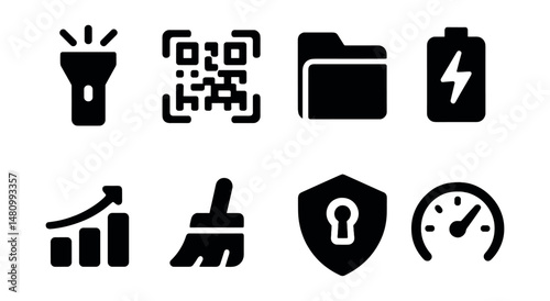 Solid style icons of mobile utilities: flashlight, QR scanner, file manager, battery saver, data usage, app cleaner, VPN icon, speed test.