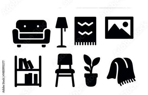 Solid style icons of interior design: sofa, floor lamp, rug, framed picture, bookshelf, dining chair, potted plant, cozy blanket.