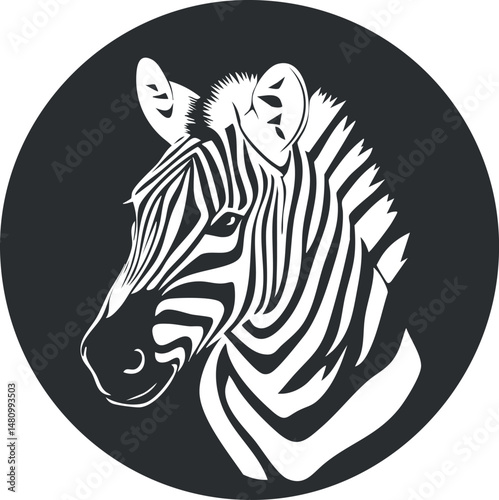 Black and white silhouette of a zebra head with detailed stripes in a circular frame