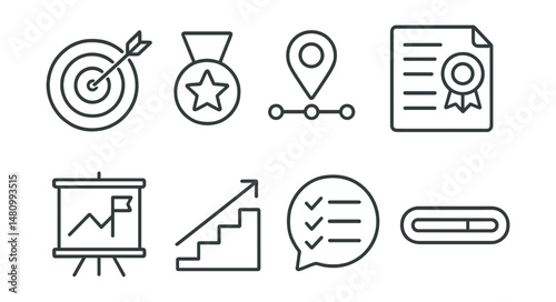Line style icons of goal setting: target icon, milestone badge, achievement track tag, goal planner file, success board, action steps chart, daily task bubble, progress bar symbol.