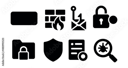 Solid style icons of cybersecurity tools: password manager, firewall, phishing alert, two-factor lock, secure folder, VPN shield, audit log, threat scanner.