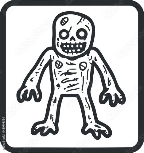 Black and white cartoon zombie monster illustration with skeletal features and claws