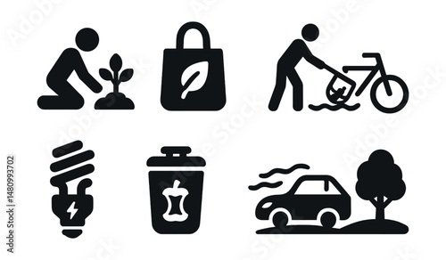 Solid style icons of environmental protection: tree planting, eco bag, ocean cleanup, bicycle icon, save energy, reduce waste, clean air, sustainable farm.