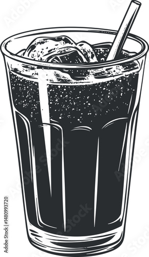 Black and white vintage illustration of a glass filled with ice and a cold beverage with a straw
