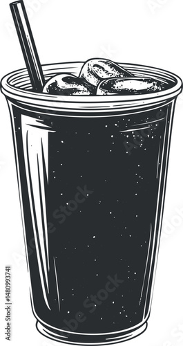 Black and white illustration of a glass filled with ice cubes and a cold beverage with a straw.