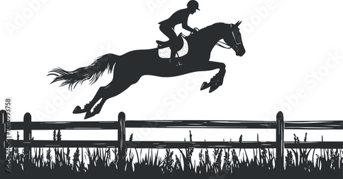 Silhouette of a rider on a horse jumping over a wooden fence in an equestrian sport setting outdoors