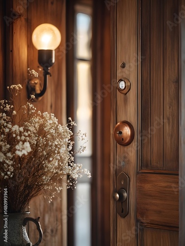 Copper locks and dried flowers on wooden doors