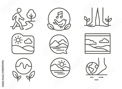Line style icons of nature-based relaxation: outdoor walk icon, nature sounds badge, sun exposure tag, grounding walk file, nature view board, fresh air chart, peaceful scenery bubble, earth