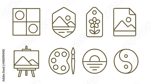 Line style icons of visual relaxation tools: soothing colors icon, scenic landscape badge, calming visuals tag, peaceful image file, art therapy board, relaxing painting chart, sunset view bubble,