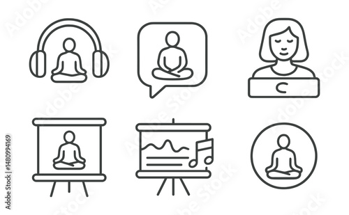 Line style icons of guided meditation: audio guide icon, spoken instruction badge, meditation teacher tag, calming voice file, guided session board, relaxation sound chart, deep calm bubble, guidance