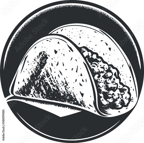 Black and white illustration of two tacos with seasoned filling inside crunchy shells on a plate