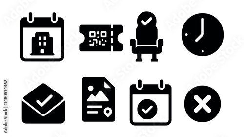 Solid style icons of online booking: hotel calendar, ticket QR, booked seat, time slot, confirmation email, trip itinerary, reserve icon, cancel option.