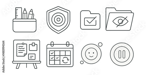 Line style icons of youth-led rest habits: teen toolkit icon, “my focus rhythm” badge, chill mix tag, no-FOMO file, peer shared break board, rest ritual chart, youth wellness bubble, break culture
