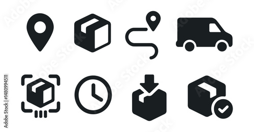 Solid style icons of delivery tracking: location pin, parcel icon, route path, delivery van, package scan, ETA clock, drop-off icon, confirmation check.
