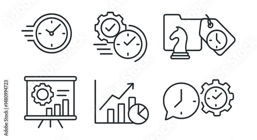 Line style icons of time efficiency: fast-track icon, speed task badge, quick response tag, efficient strategy file, productivity booster board, time optimization chart, rapid execution bubble,