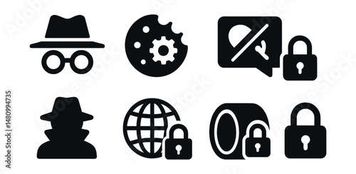 Solid style icons of online privacy: incognito mode, cookie settings, tracker blocker, encrypted chat, anonymizer icon, private DNS, secure tunnel, lock icon.