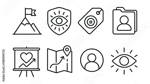 Line style icons of vision and impact: mission icon, “why we build” badge, impact goal tag, founder story file, startup purpose board, future map chart, user impact bubble, big vision symbol.