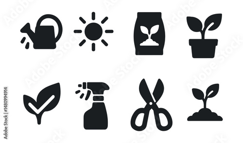 Solid style icons of plant care: watering can, sunlight icon, fertilizer bag, soil pot, leaf check, plant spray, pruning scissors, growth stage.