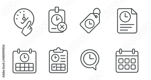 Line style icons of work hours management: clock in icon, clock out badge, work time tag, hours log file, shift schedule board, attendance chart, overtime bubble, work schedule symbol.