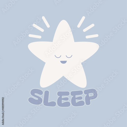 Vector illustration of cute sleeping star. Good night children's, scandinavian nursery print in soft pastel blue color.