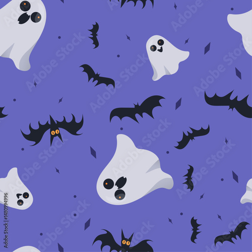 Halloween vector seamless pattern with bat, ghost characters. Holiday vector illustration
