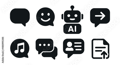 Solid style icons of AI chat tools: chat bubble, sentiment icon, chatbot icon, auto reply, message tone, quick answers, chat memory, prompt box.
