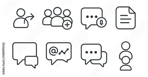Line style icons of group chat functions: group invite icon, add participant badge, chat thread tag, message pinned file, thread reply board, @mention chart, group chat bubble, participant list