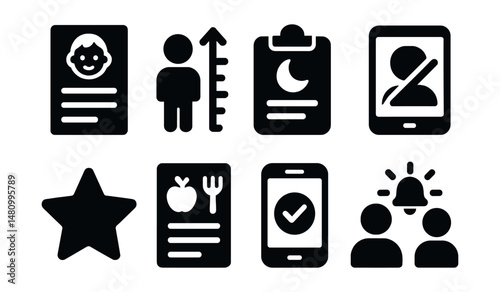 Solid style icons of online parenting tools: daily report, growth tracker, bedtime log, screen rules, reward star, nutrition log, app approval, calm alert.