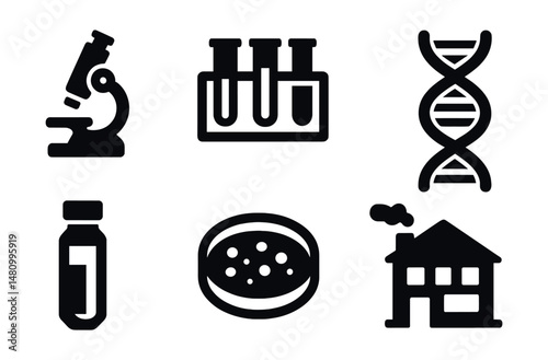 Solid style icons of medical research: microscope, test tubes, research paper, DNA strand, sample vial, petri dish, lab flask, research lab.