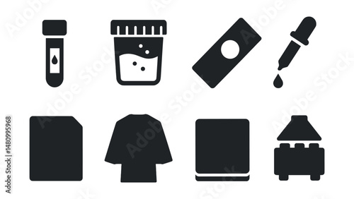 Solid style icons of laboratory testing: blood vial, urine container, microscope slide, pipette, centrifuge, test result icon, lab coat, sample tray.
