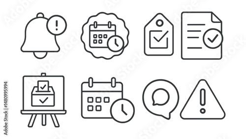 Line style icons of voting reminders and alerts: notification icon, voting deadline badge, upcoming vote tag, reminder set file, election day alert board, time to vote chart, last chance bubble,
