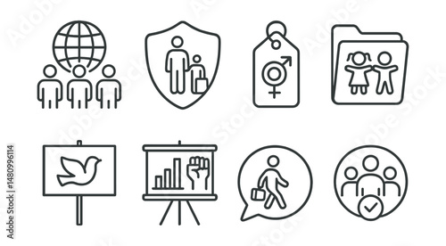 Line style icons of human rights activism: universal equality icon, refugee support badge, gender equality tag, children’s rights file, freedom march board, labor rights chart, migrant support bubble
