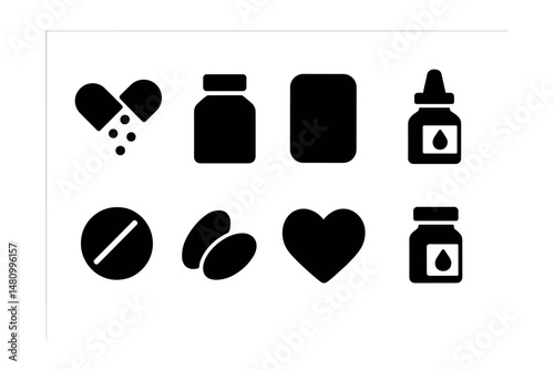 Solid style icons of medicine categories: antibiotics, antivirals, antihistamines, painkillers, supplements, probiotics, heart meds, diabetes meds.