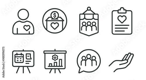 Line style icons of community outreach: volunteer icon, donation box badge, community fair tag, charity drive file, local event board, service project chart, public outreach bubble, helping hand