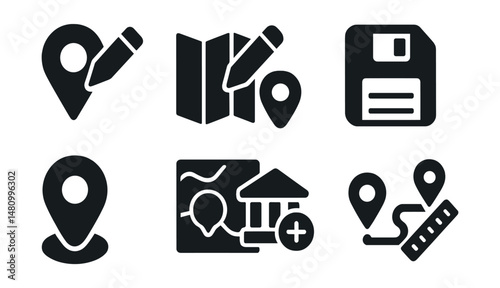 Solid style icons of map tools and editing: place edit, draw zone, marker label, save location, pin color, custom area icon, add landmark, route measure.
