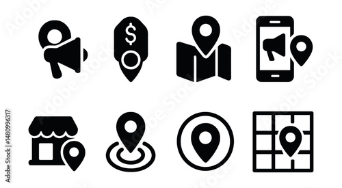 Solid style icons of location-based advertising: geo-target ad, nearby deal, map banner, push promo, store distance, location trigger, ad radius, custom ad zone.